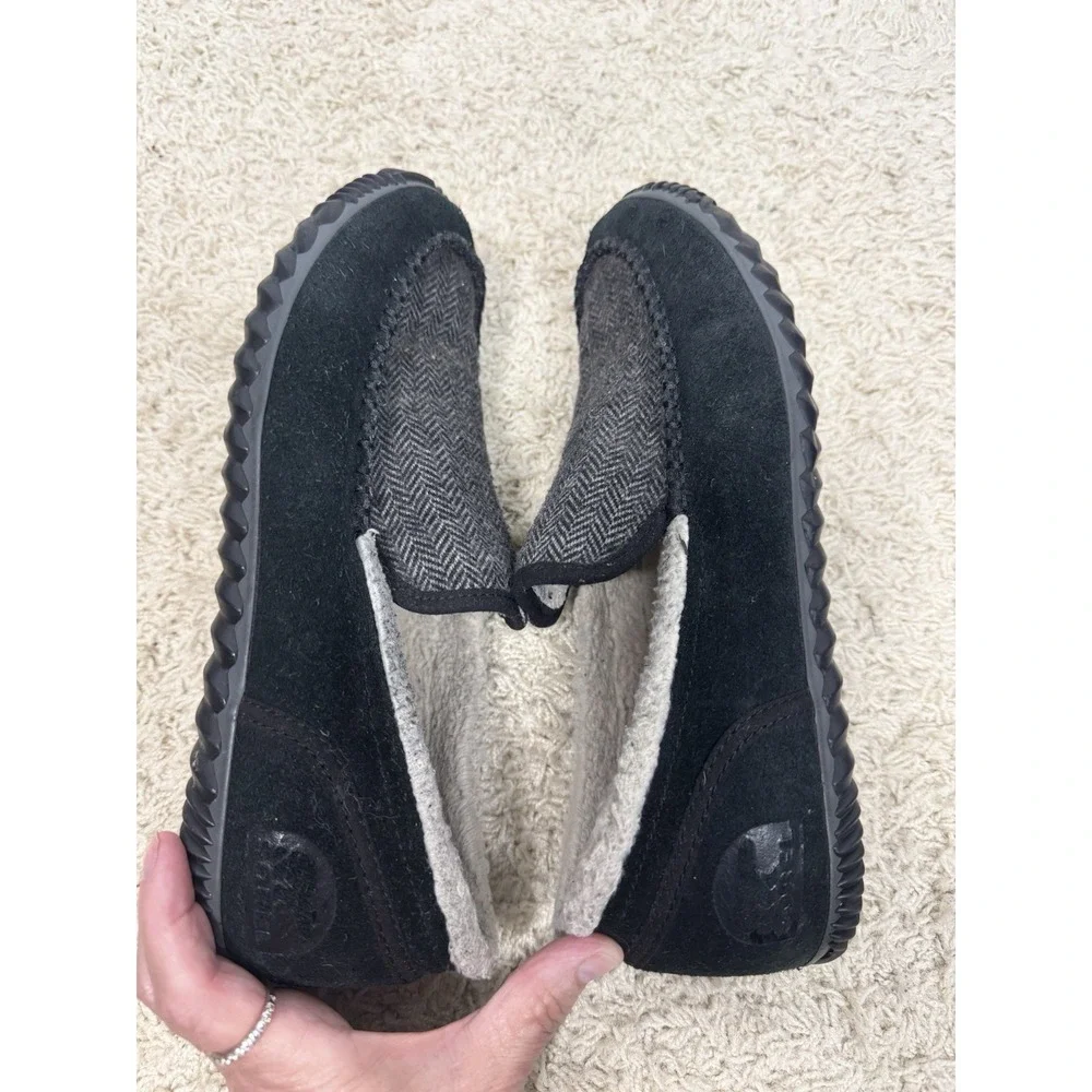 Sorel Mens Dude Moc Black Suede And Tweed Sherpa Lined Slippers Size 8 Warm Home